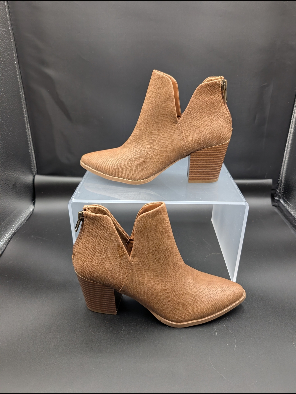 Women's Tan Cutout Ankle Booties with Block Heel